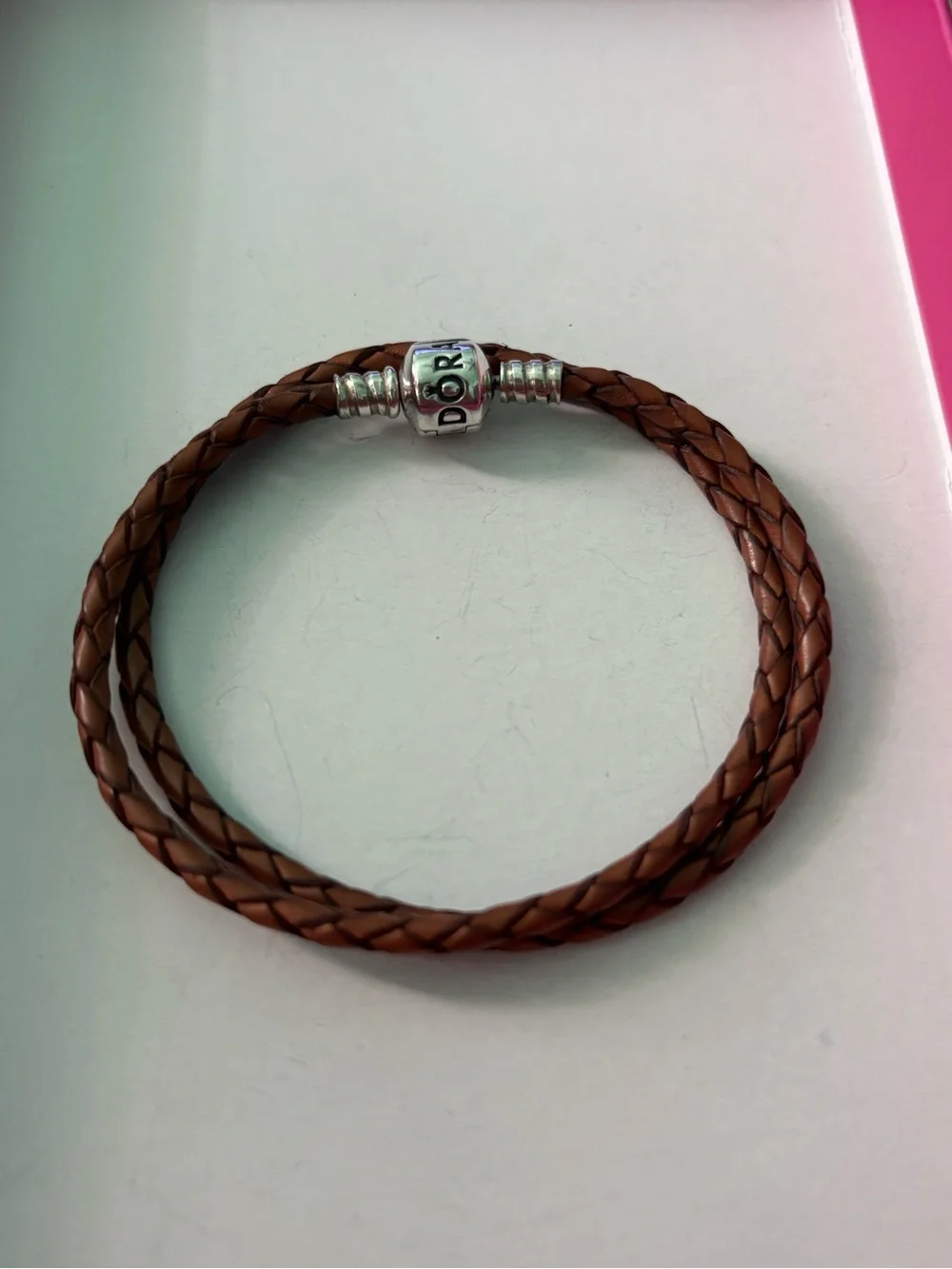 Pandora Brown Braided Leather Double Wrap Bracelet with Silver Clasp